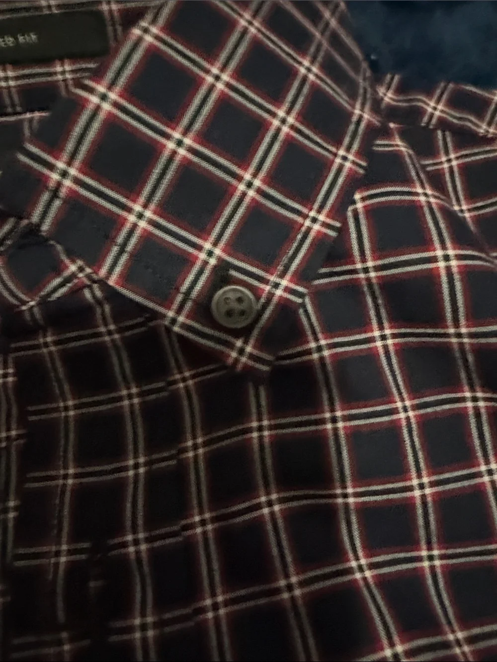 Men’s Banana Republic black Plaid Button-Up with Red and White Accents untucked